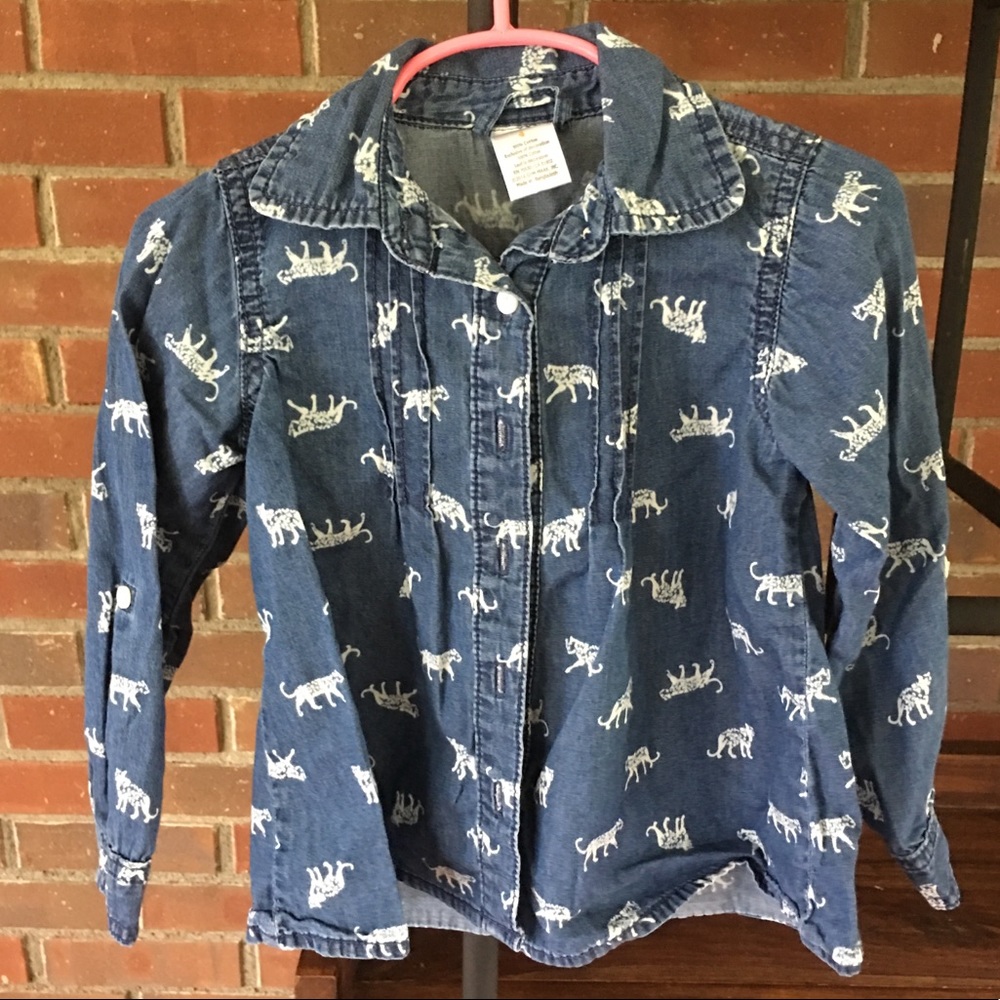 Girls long sleeve chambray top with tiger print